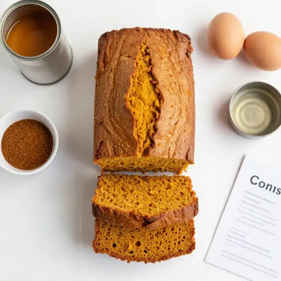 A sliced loaf of incredibly moist pumpkin bread on a wooden board with a few crumbs and warm autumn spices nearby.