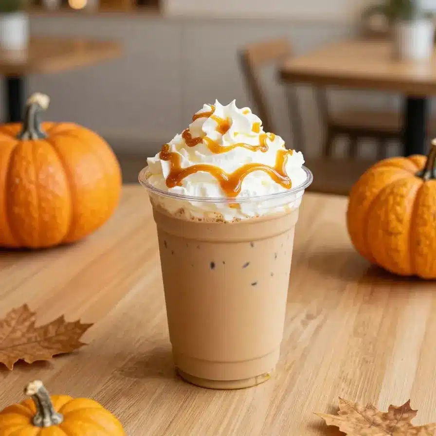 Iced Pumpkin Latte with Whipped Cream and Caramel Drizzle 5 Iced pumpkin latte topped with whipped cream and caramel drizzle in a clear glass with ice cubes.