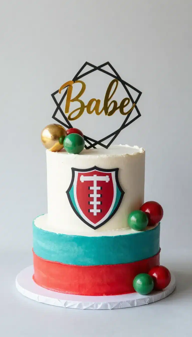 Liverpool Themed Cake 9 Liverpool themed birthday cake decorated with red and white icing, a football crest, and edible stadium details