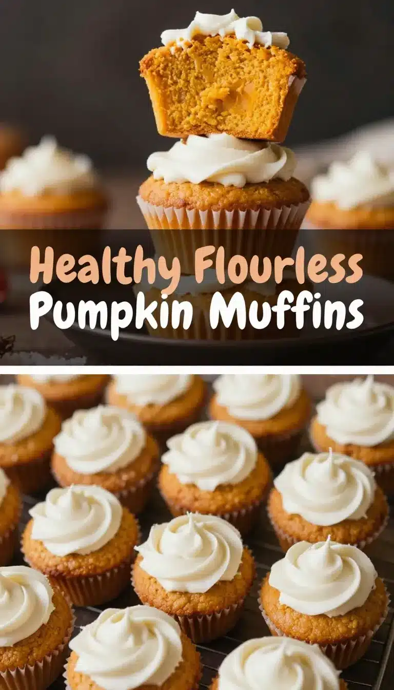 A plate of flourless pumpkin muffins topped with pumpkin seeds on a light wooden table