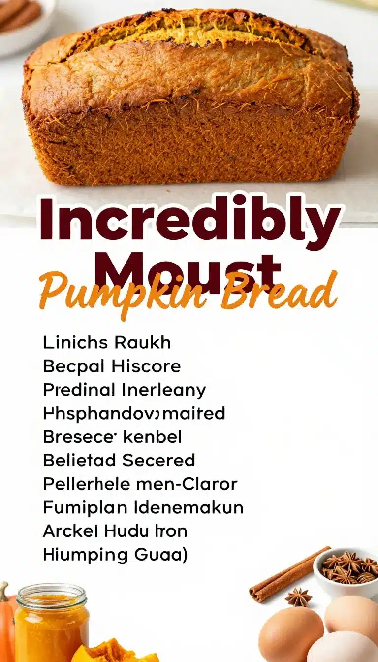 A sliced loaf of incredibly moist pumpkin bread on a wooden board with a few crumbs and warm autumn spices nearby.