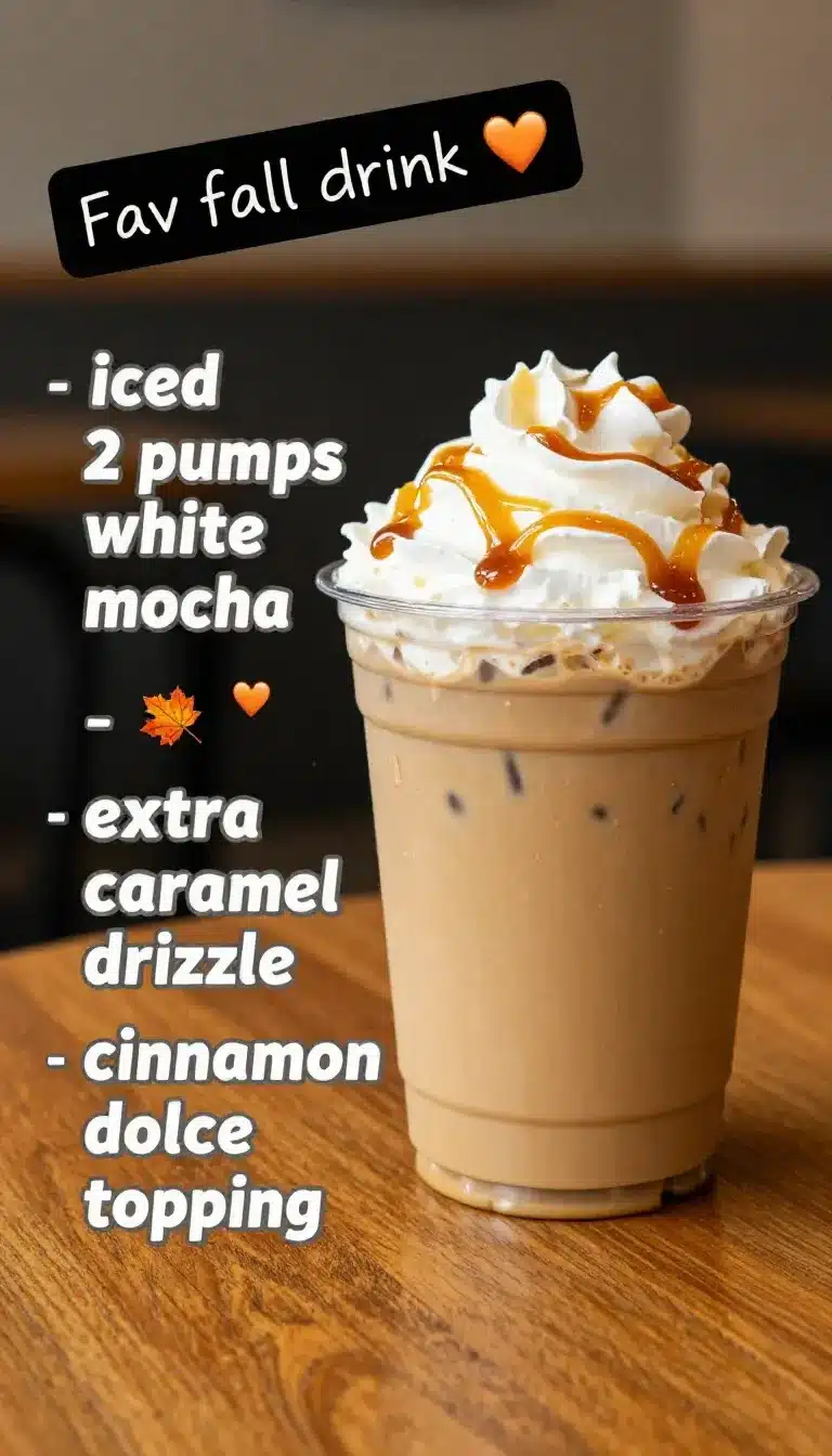 Iced Pumpkin Latte with Whipped Cream and Caramel Drizzle 8 Iced pumpkin latte topped with whipped cream and caramel drizzle in a clear glass with ice cubes.