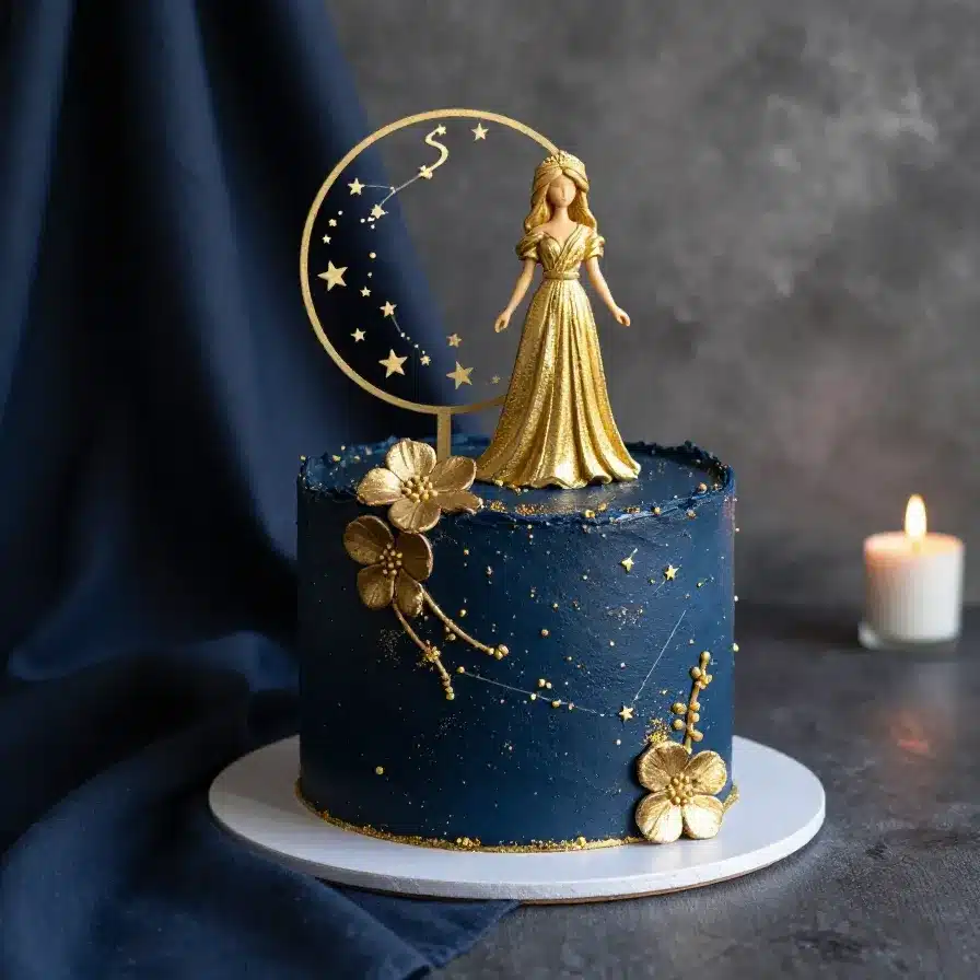 Elegant Virgo birthday cake decorated with zodiac-inspired details, flowers, and gold accents