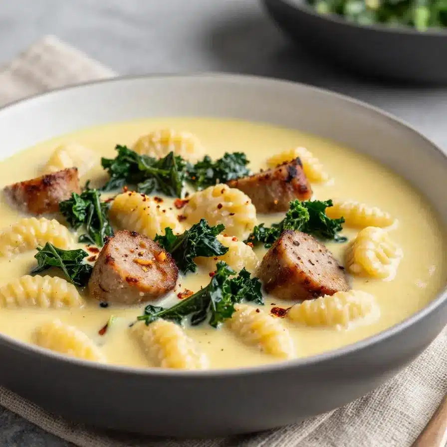 A comforting bowl of Gnocchi Zuppa Toscana with creamy broth, tender gnocchi, sausage, kale, and potatoes.
