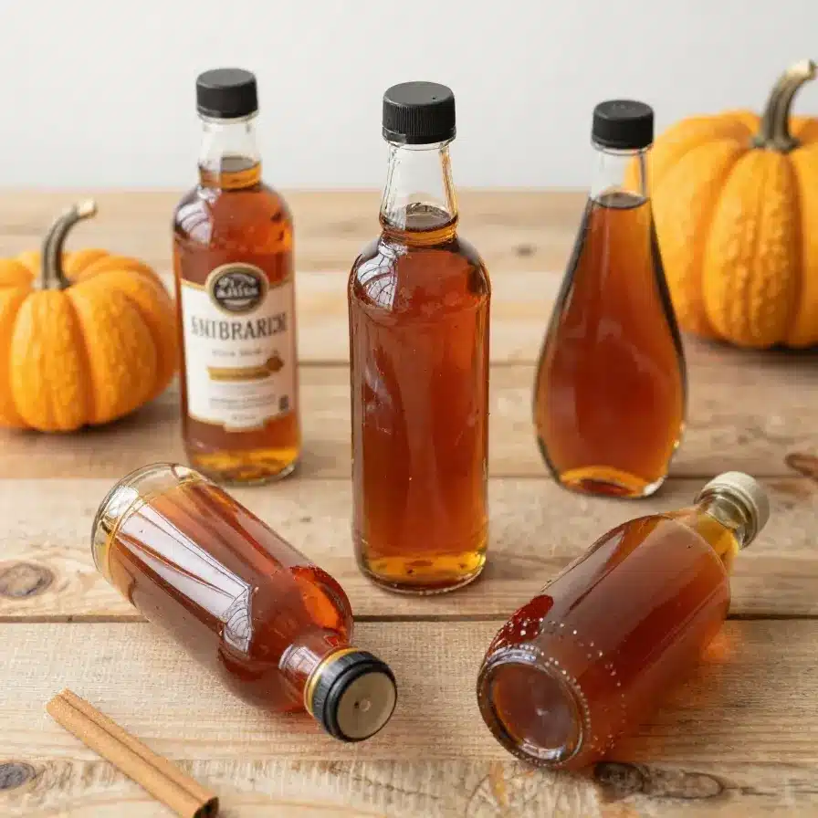 A glass bottle of pumpkin spicy syrup with cinnamon sticks and star anise on a rustic wooden table