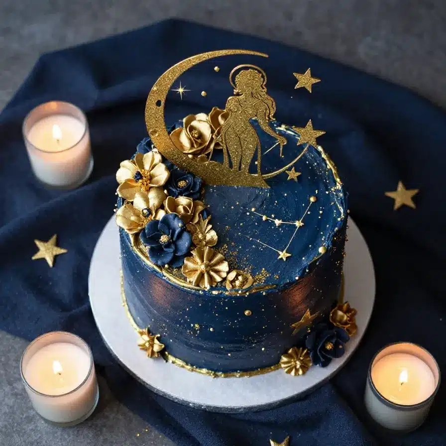 Elegant Virgo birthday cake decorated with zodiac-inspired details, flowers, and gold accents