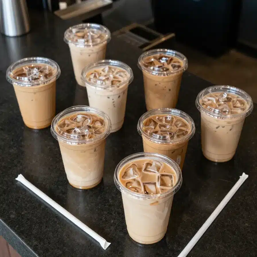 Iced pumpkin chai latte in a clear glass with pumpkin cream foam and caramel drizzle over ice.
