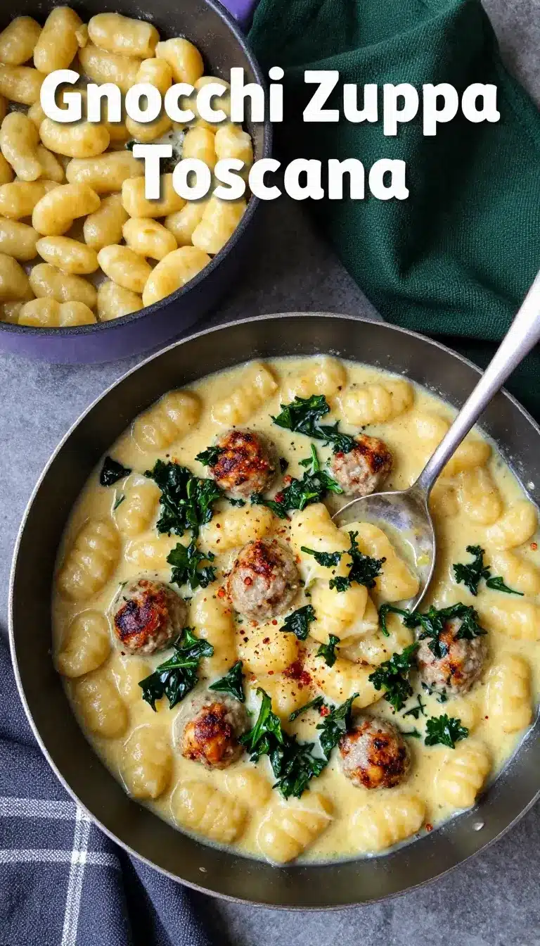 A comforting bowl of Gnocchi Zuppa Toscana with creamy broth, tender gnocchi, sausage, kale, and potatoes.