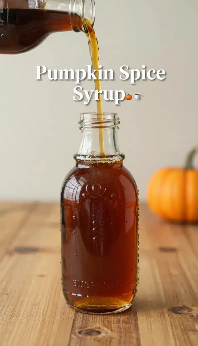 A glass bottle of pumpkin spicy syrup with cinnamon sticks and star anise on a rustic wooden table