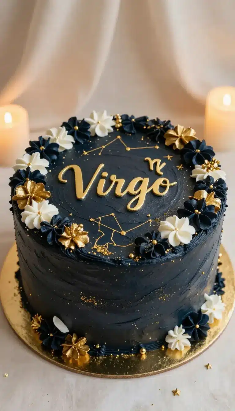 Elegant Virgo birthday cake decorated with zodiac-inspired details, flowers, and gold accents