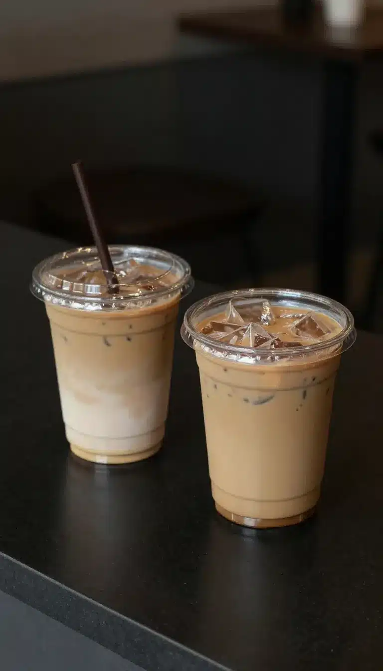 Iced pumpkin chai latte in a clear glass with pumpkin cream foam and caramel drizzle over ice.