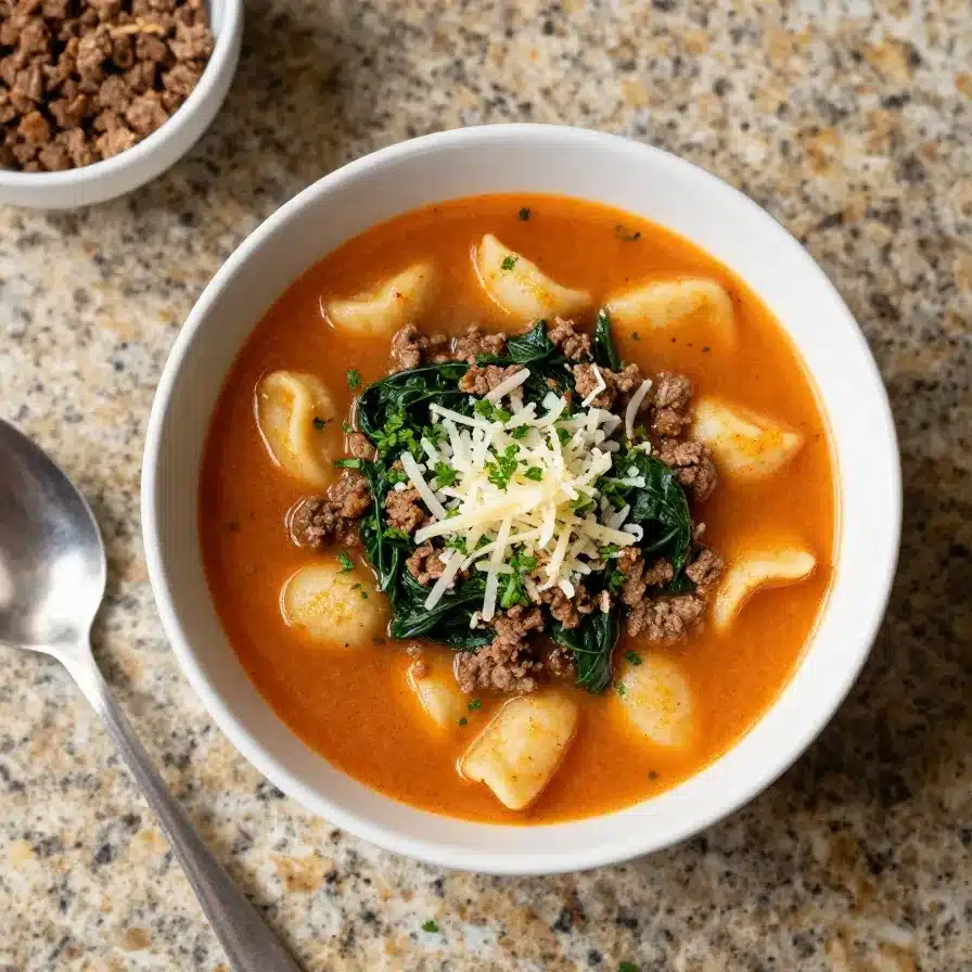 A bowl of Italian sausage gnocchi soup with creamy broth, tender gnocchi, sausage slices, spinach, and carrots.