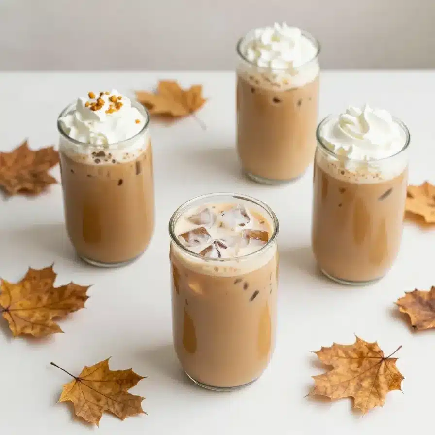 A tall glass of iced pumpkin spice latte topped with foam and cinnamon next to a warm mug of hot pumpkin spice latte on a rustic table.