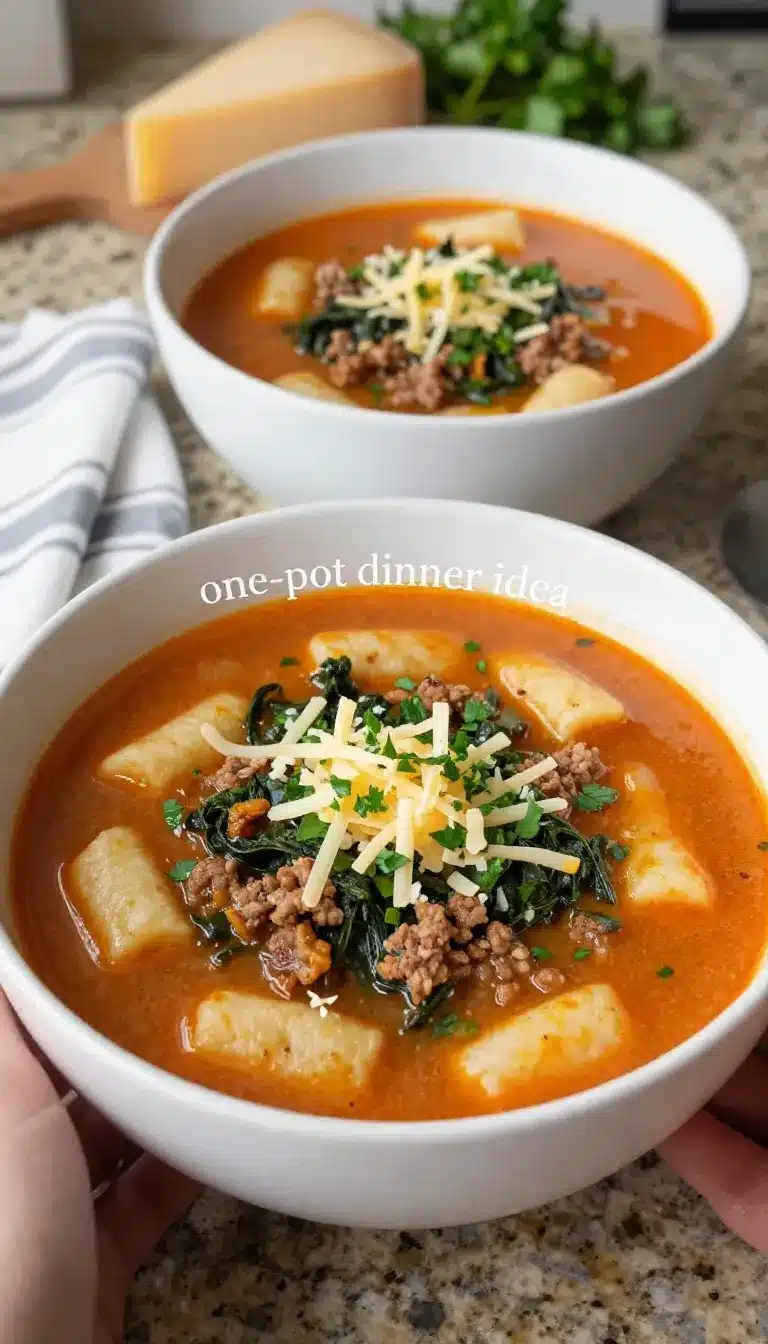 A bowl of Italian sausage gnocchi soup with creamy broth, tender gnocchi, sausage slices, spinach, and carrots.