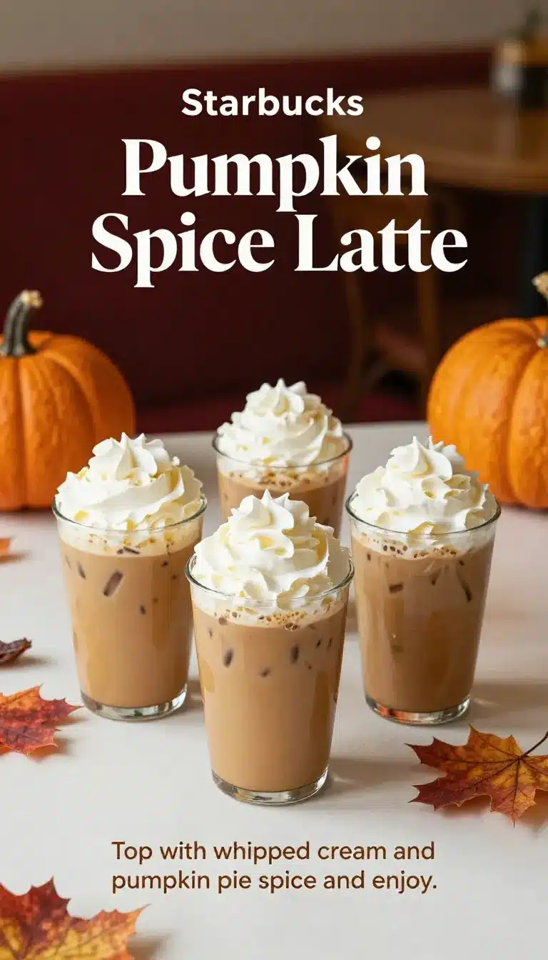 A tall glass of iced pumpkin spice latte topped with foam and cinnamon next to a warm mug of hot pumpkin spice latte on a rustic table.