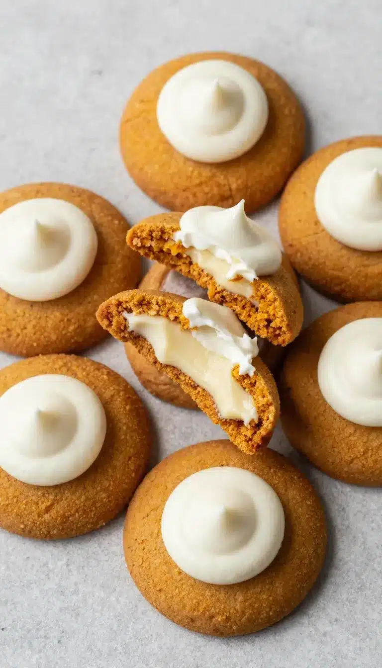 Fresh pumpkin muffins with a maple cream cheese filling, arranged on a plate