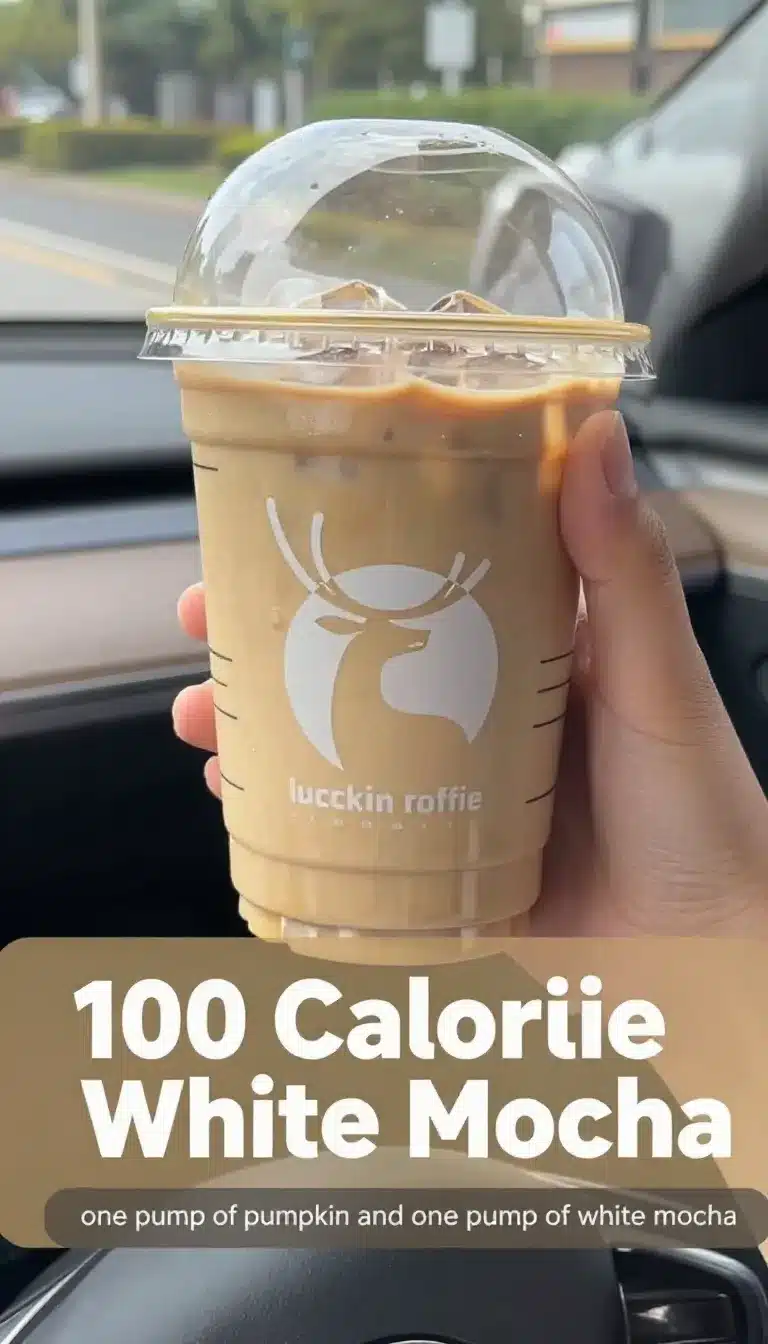 A creamy low calorie pumpkin white mocha topped with light foam and a sprinkle of cinnamon in a clear mug.