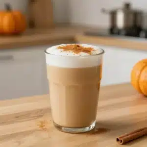 A homemade pumpkin chai latte in a ceramic mug topped with frothy milk and a dusting of cinnamon on a rustic table.
