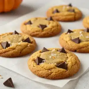 Stack of brown butter pumpkin chocolate chip cookies on a plate with melted chocolate chips visible