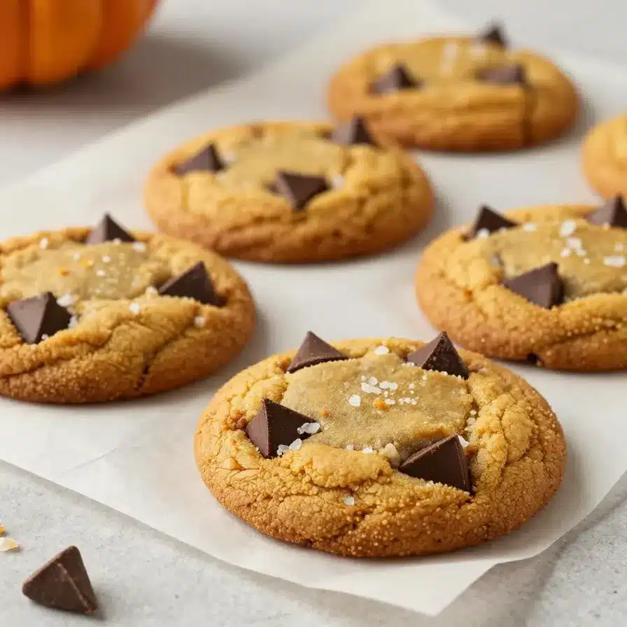 Stack of brown butter pumpkin chocolate chip cookies on a plate with melted chocolate chips visible