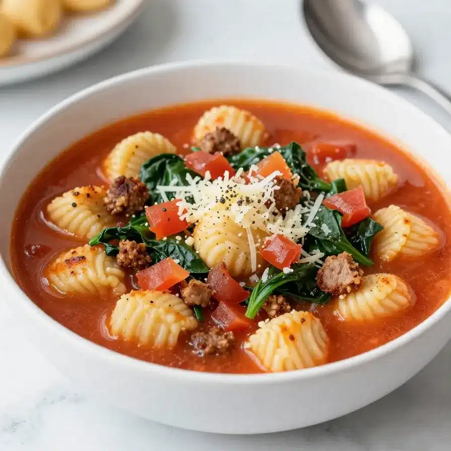 Sausage and Gnocchi Soup 5 A bowl of sausage and gnocchi soup with tomatoes, spinach, and herbs served on a rustic table