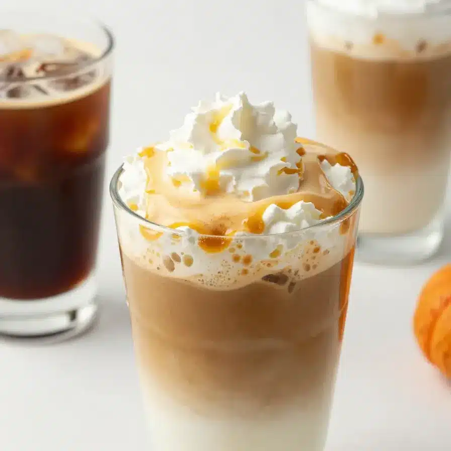Pumpkin spice chai latte starbucks copycat 5 A creamy pumpkin spice chai latte served in a clear mug with whipped cream and cinnamon on top.