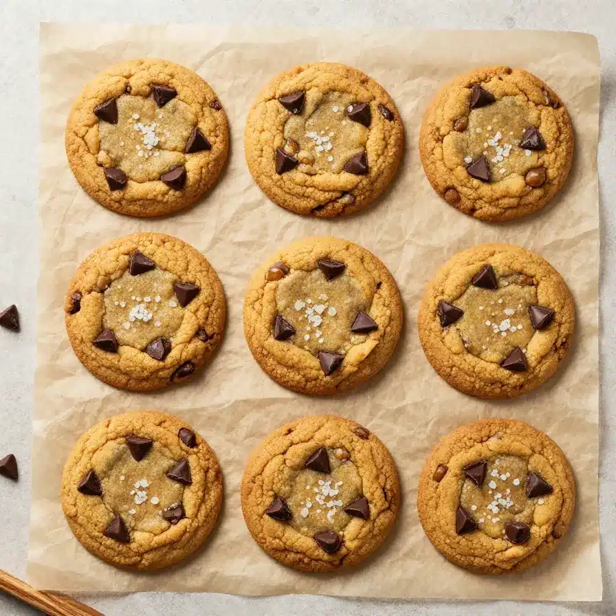 Stack of brown butter pumpkin chocolate chip cookies on a plate with melted chocolate chips visible