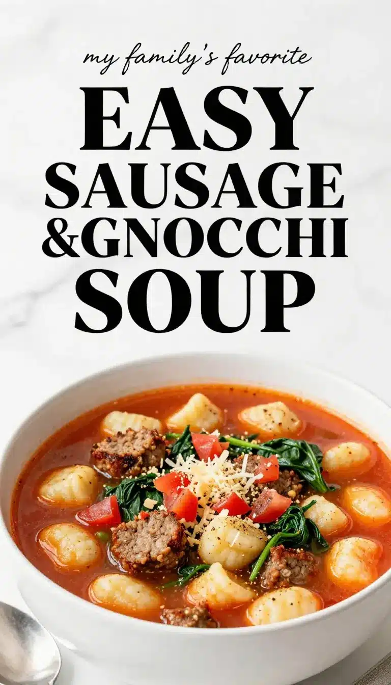 Sausage and Gnocchi Soup 8 A bowl of sausage and gnocchi soup with tomatoes, spinach, and herbs served on a rustic table
