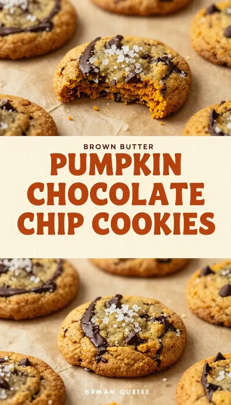 Stack of brown butter pumpkin chocolate chip cookies on a plate with melted chocolate chips visible