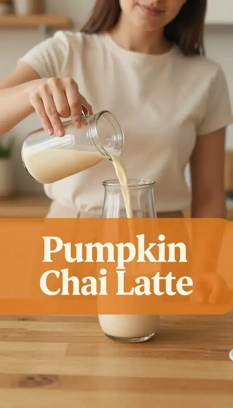 Homemade Pumpkin Chai Latte 8 A homemade pumpkin chai latte in a ceramic mug topped with frothy milk and a dusting of cinnamon on a rustic table.