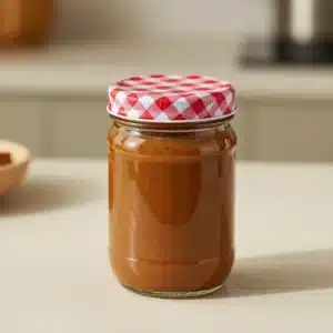 A glass bottle of pumpkin spice syrup beside cinnamon sticks, whole nutmeg, and fresh pumpkin on a wooden table
