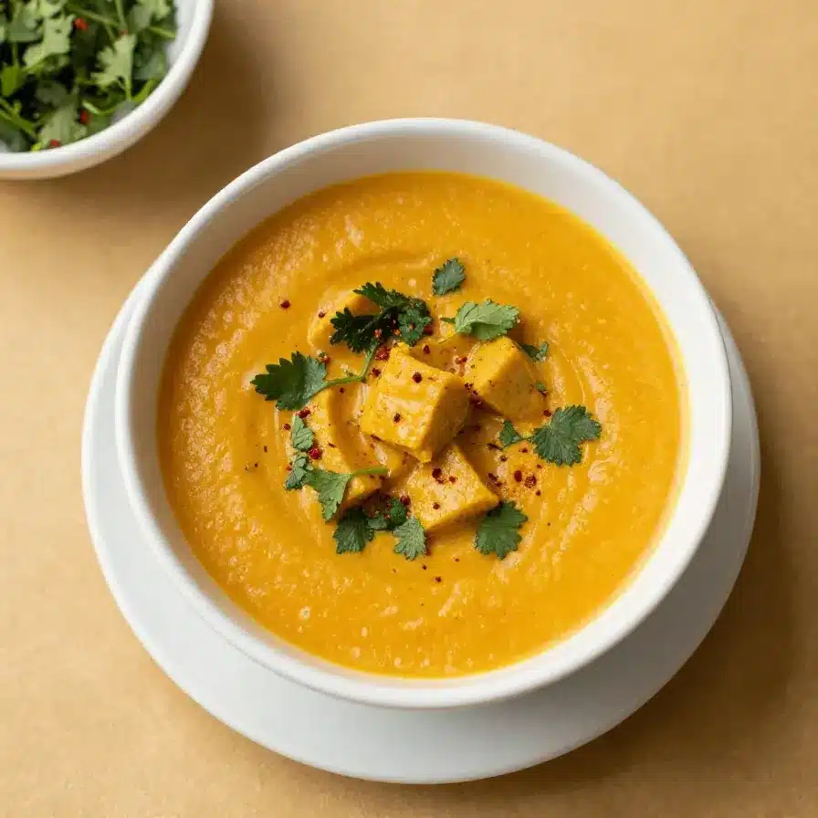 A bowl of creamy fall gnocchi soup with tender gnocchi, vegetables, and herbs on a rustic table.