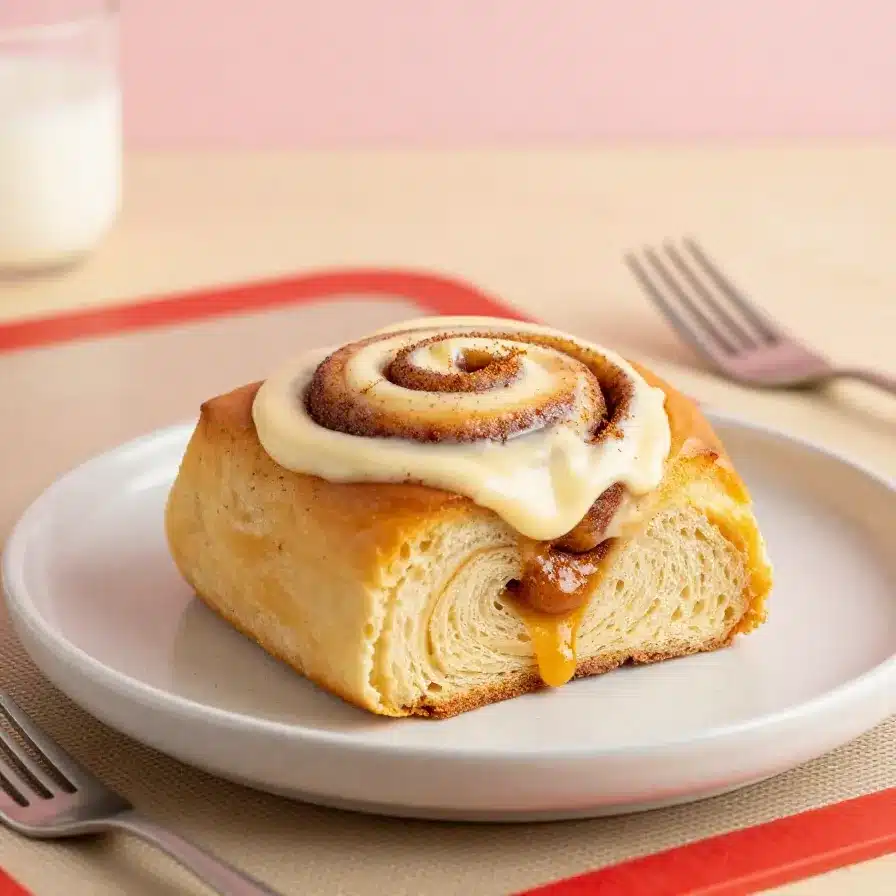 Pumpkin Cinnamon Rolls with Real Pumpkin and Spice 5 Freshly baked pumpkin cinnamon rolls topped with creamy icing on a plate
