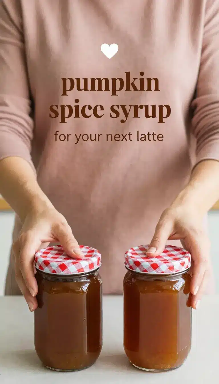 A glass bottle of pumpkin spice syrup beside cinnamon sticks, whole nutmeg, and fresh pumpkin on a wooden table