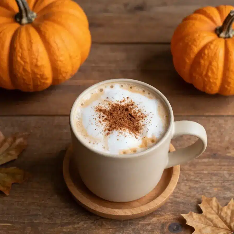 A cozy mug of pumpkin spice latte without coffee topped with whipped cream and cinnamon on a wooden table.