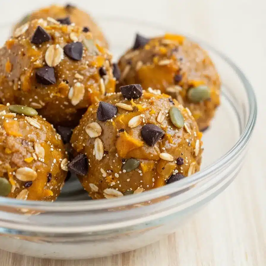 Homemade pumpkin protein energy balls rolled in oats and seeds on a white plate