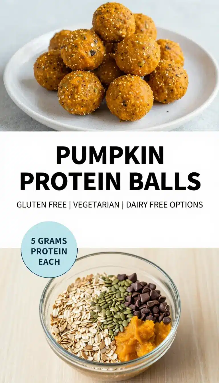 Homemade pumpkin protein energy balls rolled in oats and seeds on a white plate